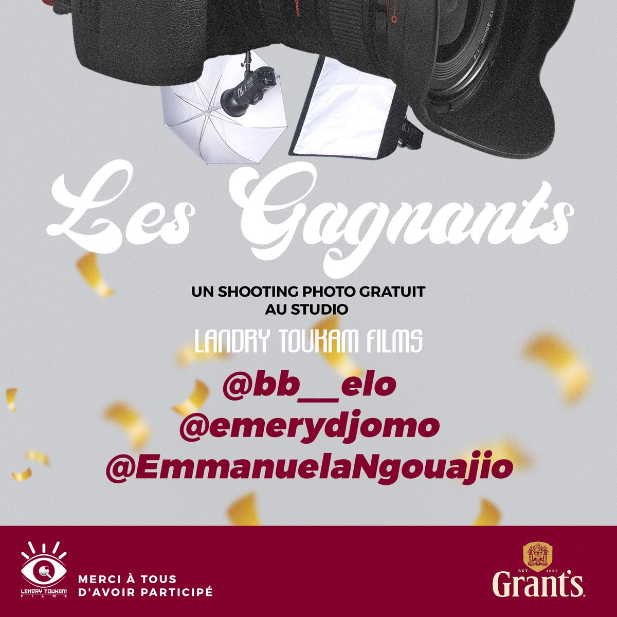 landrytoukam92's tweet photo. Les Gagnants sont:
Bb Elo
Emery Djomo
Emmanuela Ngouajio
SHOOTING PHOTO gratuit au Studio
#LandryToukamFilms
#GrantsWhisky #TripleWood #TripleGood https://t.co/rNZVLWVBUm