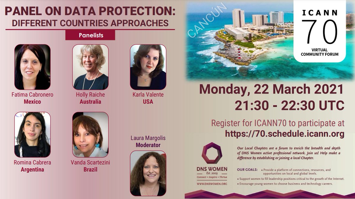 dns_women's tweet photo. Acompañamos hoy a nuestro evento sobre #dataprotection donde hablaremos sobre las diversas perspectivas con @VandaScartezini @HollyRaiche
 Romina Cabrera, Karla Valente, @facambronero
 y @Laura_Margolis. ¡Los esperamos! @ICANN @ICANNAtLarge @LACRALO_Icann @ICANN_es https://t.co/JKYTaGLkBs