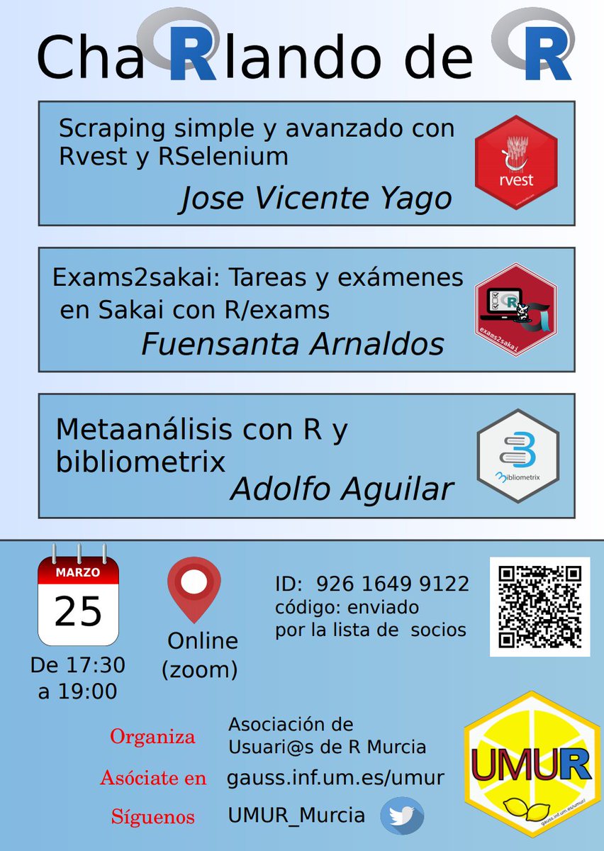 Desde <a href="/UMUR_Murcia/">UMUR</a> el jueves organizan una charla online triple:

🔗 Scraping con rvest y RSelenium.
📄 Tareas y exámenes con R/exams.
📕 Metaanálisis con R y bibliometrix

A las 17:30 hora peninsular. ¡Toda la info, con link a la reunión de Zoom, en la foto!

#rstatsES #rstats