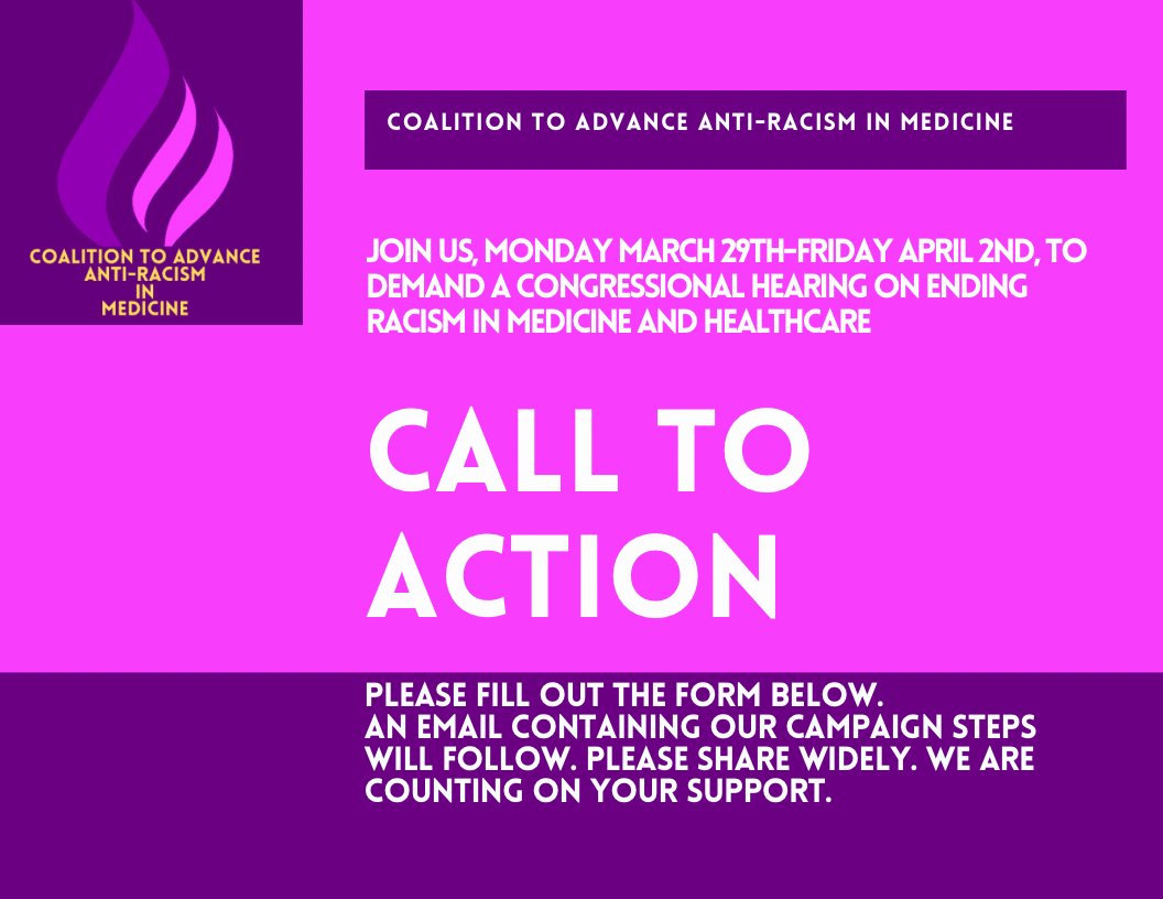 Hey Fam, Join the Coalition to Advance Antiracism in Medicine (CAAM) to demand a congressional hearing to end racism in medicine &amp; healthcare. Please fill out this form &amp; we will contact you with our campaign steps. 
Share widely! 

docs.google.com/forms/d/e/1FAI…

#EndRacismInMedNow