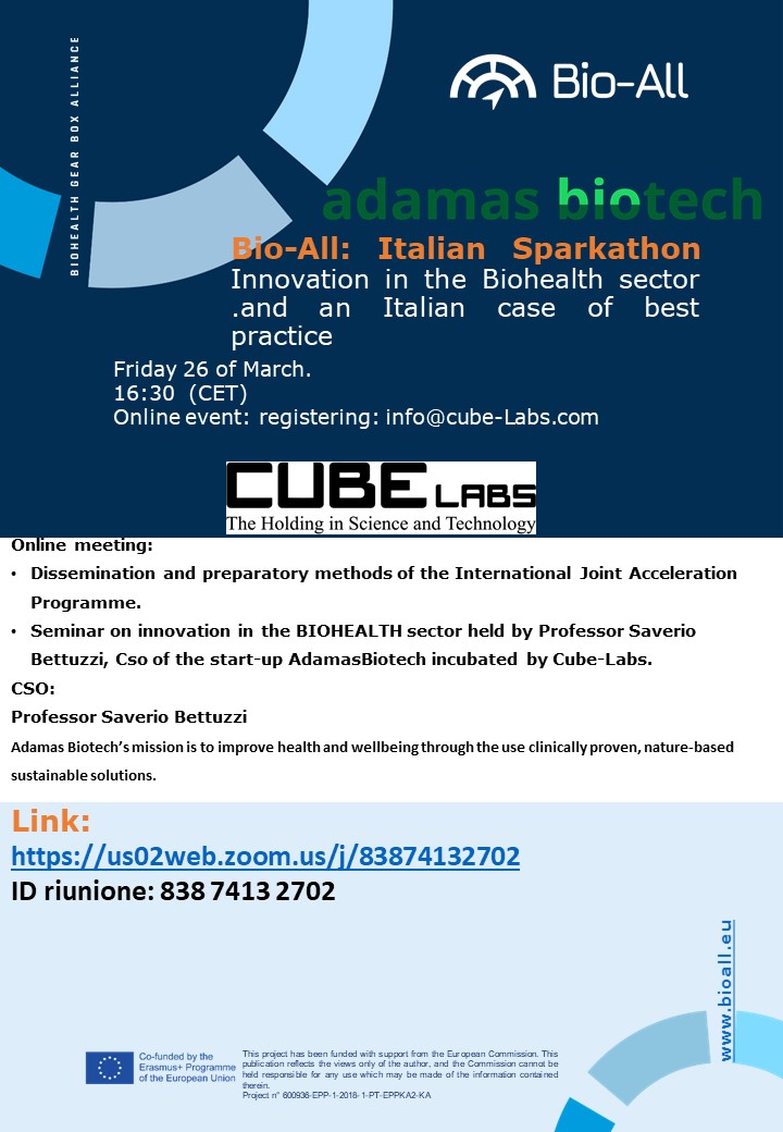 This Sparkathon is for you! @CubeLabs_com will organise their second Italian sparkathon on Friday 26 of March (at 16:30 Italian time) on the BIOHEATH sector and innovation. Keynote speaker: Professor Saverio Bettuzzi bioall.eu/blog/ii-italia… #erasmusplus #bioall #biohealth