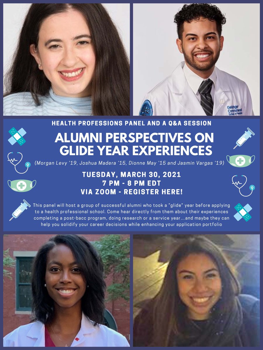 HPLafCol's tweet photo. Learn from successful alumni who took a “glide” year before applying to a health professional school on March 30 at 7 p.m. They will share their experiences completing a post-bacc program, doing research or a service year. Q&amp;A will follow. Register here: https://t.co/dJVvYKt59O https://t.co/wtaG4fnlP7