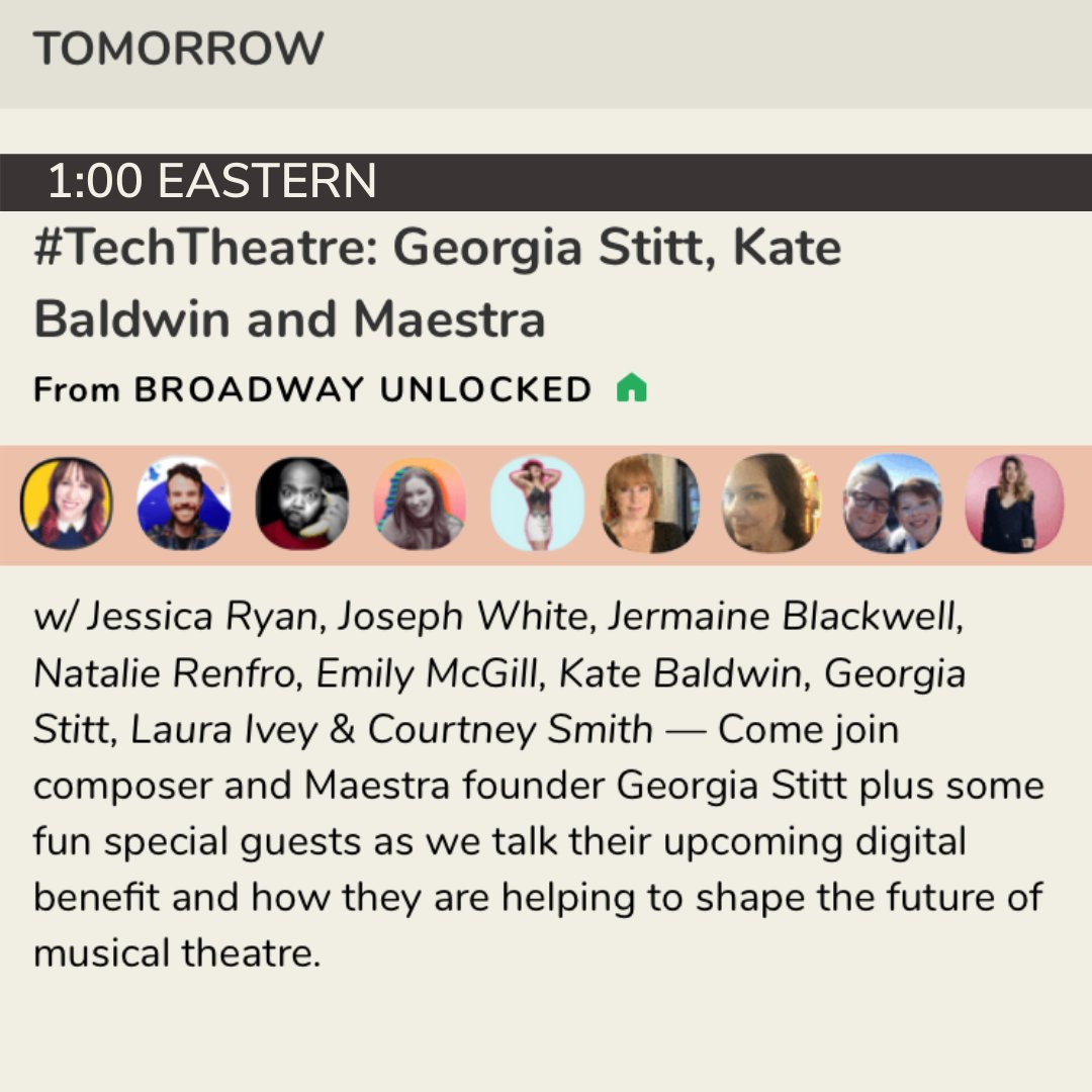 Y'ALL. You don't want to miss this one- this week we are talking with <a href="/RealKateBaldwin/">Kate Baldwin</a>, @georgiastitt, and Laura Ivey from @MaestraMusicOrg .

Join us on clubhouse TOMORROW! Tweet us your questions ahead of time at #TechTheatreCH and tag us!

Link: ios.joinclubhouse.com/event/mWVo0dN8