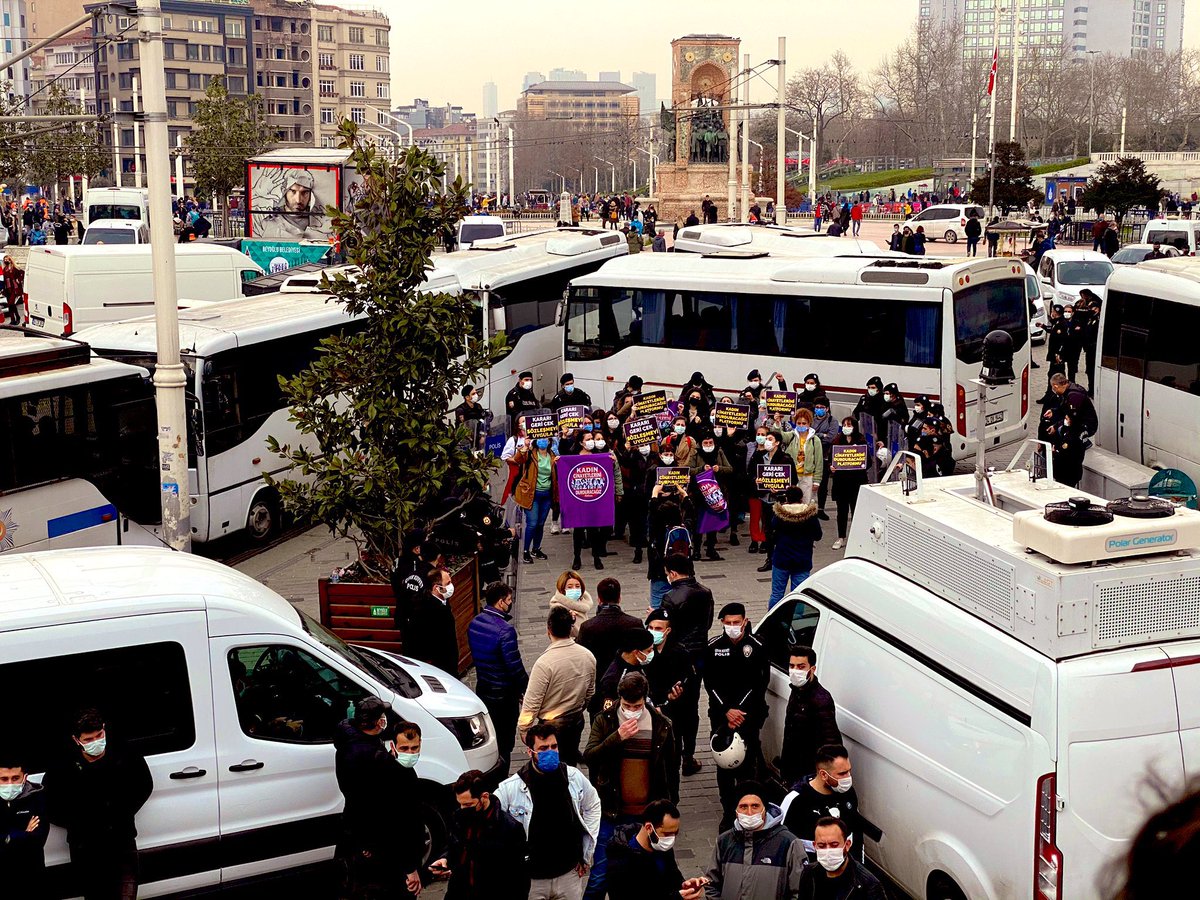 ragipsoylu's tweet photo. This is how you protest nowadays in Turkey, surrounded by law enforcement vehicles 

Women activists protesting Turkey’s withdrawal from Istanbul Convention in a gathering at Taksim Square today 

via @frausimsek https://t.co/co2mBOpaVa