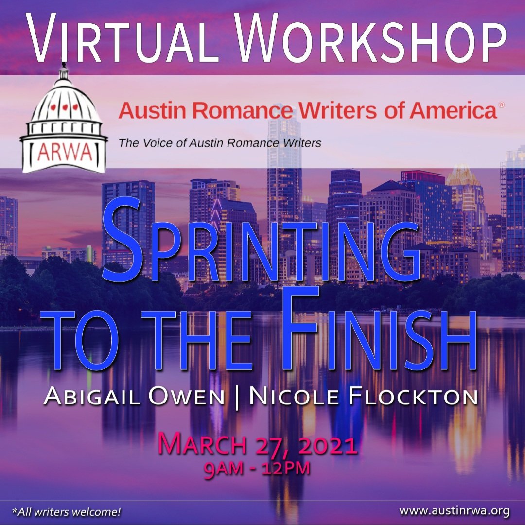 There's still time to sign up for ARWA's SPRINTING TO THE FINISH! 

This Zoom event will be held Sat, March 27th, 9am to Noon (central time).

Learn how to get more words on paper, break through writer's block, and more!For details and registration go to : austinrwa.org/special-events/