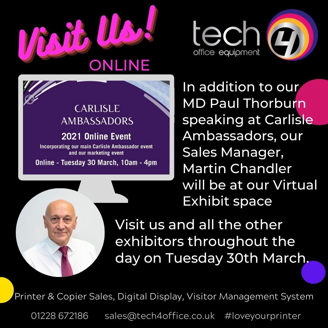 Tech4office (@tech4office) on Twitter photo Be great to see you at the next <a href="/carlisleambass/">Carlisle Ambassadors</a> online meeting on 30th March.
Paul will be presenting and Martin will be available at our online exhibition space.
See you there!
Tickets: …lisleambassadors.us13.list-manage.com/track/click?u=…
#loveyourprinter #carlisleambassadors #networking #carlisle Be great to see you at the next <a href="/carlisleambass/">Carlisle Ambassadors</a> online meeting on 30th March.
Paul will be presenting and Martin will be available at our online exhibition space.
See you there!
Tickets: …lisleambassadors.us13.list-manage.com/track/click?u=…
#loveyourprinter #carlisleambassadors #networking #carlisle