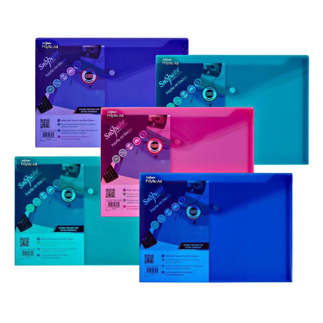 SnopakeBrands's tweet photo. #Snopake A4 Electra #Polyfiles are available in five vibrant #colours. They have a press stud closure button and double-welded keeping your documents safe and secure. #Snopake Polyfiles are all #recyclable. https://t.co/RQBXKGpYEb