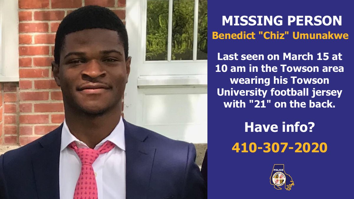 ‼️ Please share this recent photo of missing <a href="/TowsonU/">Towson University</a> student Benedict "Chiz" Umunakwe that shows his current hairstyle. He was last seen in #Towson on 3/15. If you have any info that may help #BCoPD locate him, contact us at 410-307-2020. ^NL #MissingPerson #FindChiz