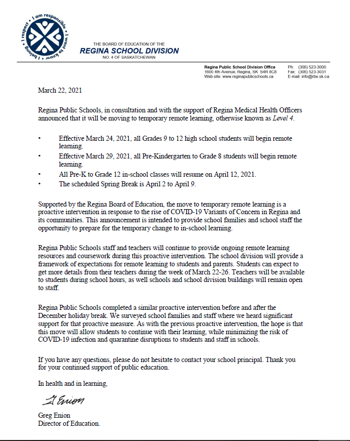 RegPublicSchool's tweet photo. Further to the announcement that schools will soon be moving to Remote Learning, this letter from @GregEnion, Director of Education will be sent today to all school families.  Any questions should be directed to individual schools. Read more: https://t.co/2HYPSf2vcJ https://t.co/bM1cTbh0Qd