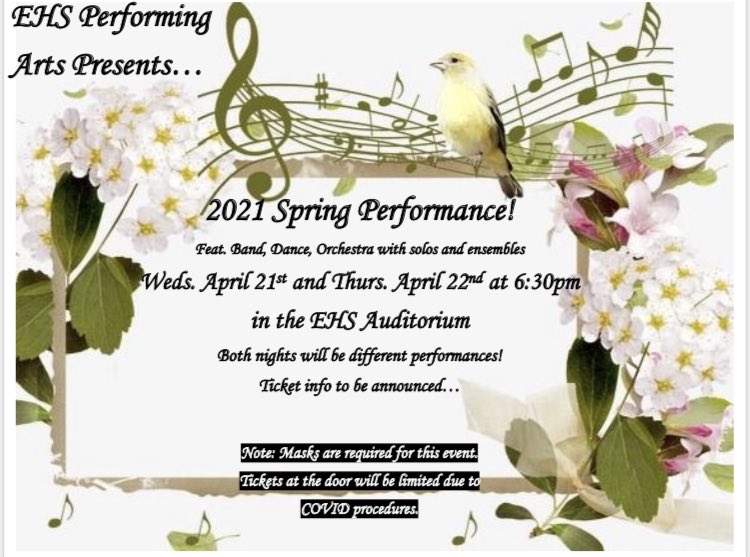 esteroband's tweet photo. We are VERY excited to announce our first Indoor concert of the year!!!! Please mark your calendars for a two-night performance from your band, dance, and orchestra students here at EHS. Masks and social distancing are required for this event. Ticket information coming soon! https://t.co/vqfPSv7ZEg