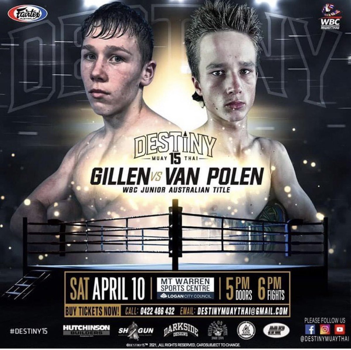 WBCMuaythai's tweet photo. NEXT GENERATION IS COMING 

🏆 WBC MuayThai Junior Australia featherweight Title 

Connor Gillen 
🆚
Jye Van Polen 

🔰 Destiny Muaythai promotions 
📍 Brisbane 
🗓 April 10 https://t.co/1WecpZu2rh