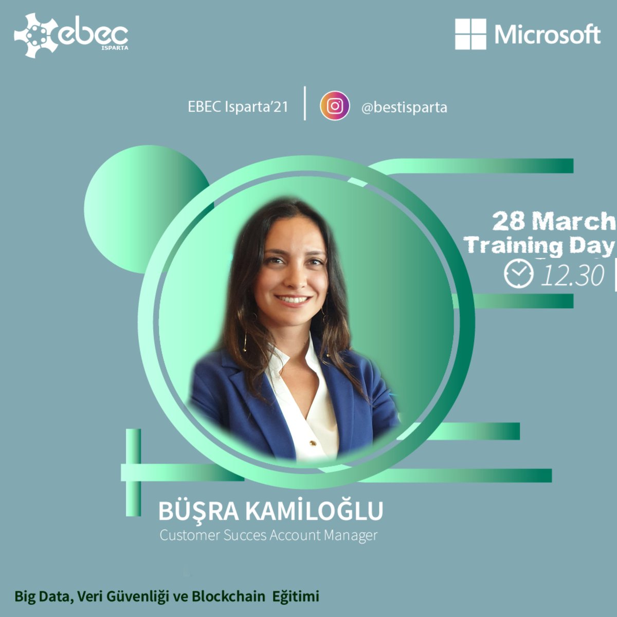 EBEC Isparta'21 etkinliğimizin 28 Mart 12.30'da olan oturumunda eğitmenimiz Büşra Kamiloğlu bizlerle "Big Data, Veri Güvenliği ve Blockchain" eğitimini verecektir.

Katılım Formu: docs.google.com/forms/d/e/1FAI…
<a href="/BusraKamiloglu/">Busra Kamiloglu</a>