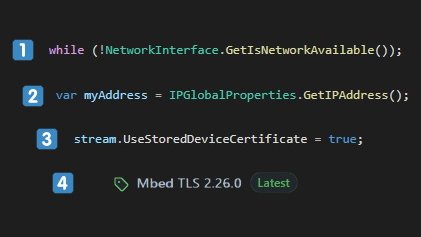 nanoFramework's tweet photo. Lots of improvements in #dotnet @nanoFramework networking: network availability, getting IP address, device stored certificate and #mbedtls updated.
Check the blog post with the details: https://t.co/I1N4Sv6OFq https://t.co/DF53I8zHMC