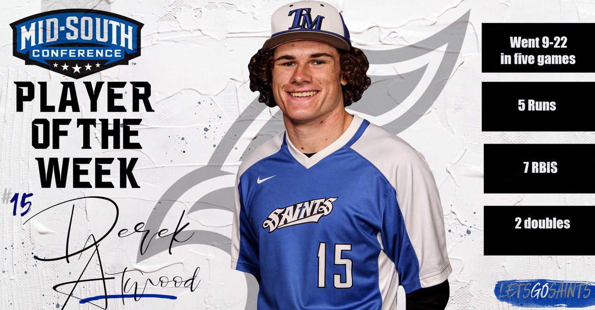 tmusaints's tweet photo. Congratulations to Baseball's Derek Atwood on being named Mid-South's Baseball Player of the Week for a second time this season. @ThomasMoreBase1 

#LetsGoSaints https://t.co/inXyJABzPx