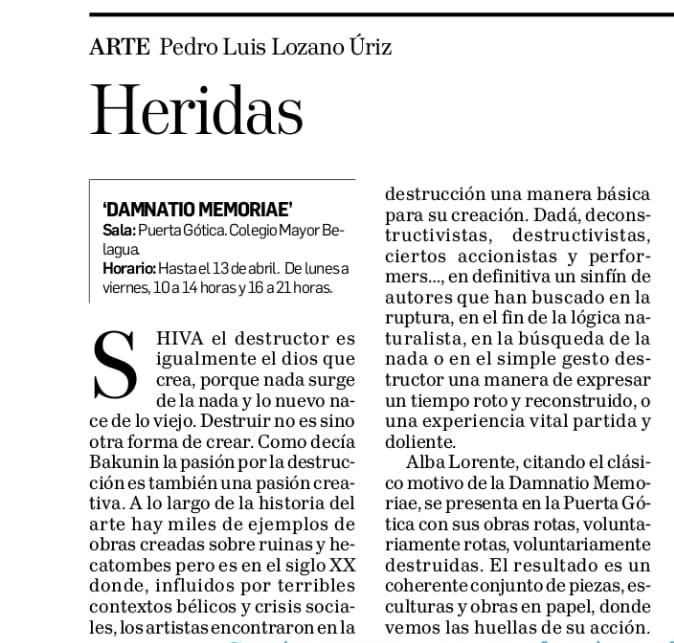 AlbaLorenteHer1's tweet photo. Hoy, en @DiariodeNavarra, la maravillosa crítica de @PedroLLozano sobre "Damnatio memoriae", hasta el 13 de abril en @puertagotica 

¡Muchas gracias! https://t.co/EUv0MIB9c6