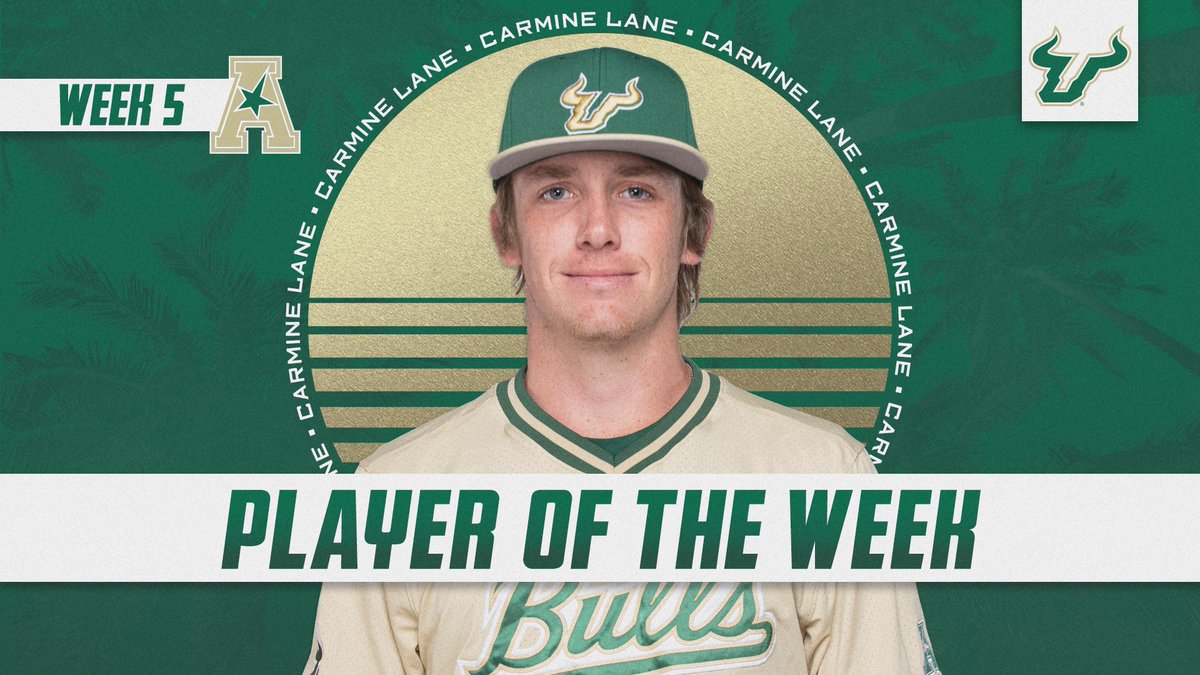 USF Baseball (@usfbaseball) on Twitter photo Congrats to the <a href="/American_BSB/">American Baseball</a> Player of the Week, @_carmine_lane.
Lane batted .462 w/ three walks, a double, homer, five RBI and five runs scored last week.
#HornsUp š¤ #CarryTheBoat Congrats to the <a href="/American_BSB/">American Baseball</a> Player of the Week, @_carmine_lane.
Lane batted .462 w/ three walks, a double, homer, five RBI and five runs scored last week.
#HornsUp š¤ #CarryTheBoat