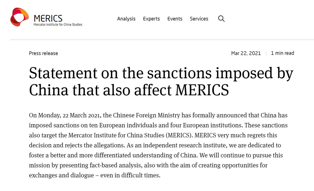 Our statement on the sanctions imposed by China on ten European individuals and four European institutions, including MERICS. You can also find it on our website
merics.org/en/press-relea…