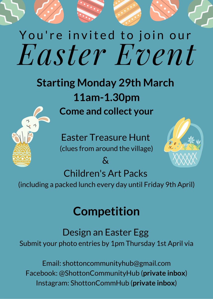 ShottonHub's tweet photo. 🐣 Easter Event 🐰

Our Easter Event will start from Monday 29th March and run until Friday 9th April. 

#Easter #Community #Eggs #Competition #Children #Family https://t.co/8kBW0iN7NO