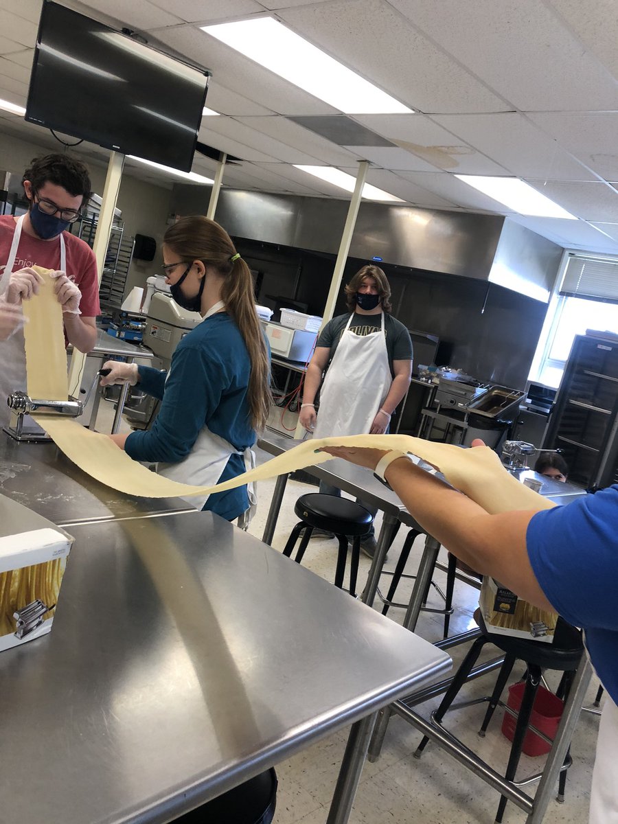 Sjohnston323's tweet photo. Intro classes are practicing their homemade pasta skills today for our lab later this week!
We had a challenge to see who could stretch theirs the furthest! Winner was 22 foot😲
*no pasta was consumed today*
#GoLiberators #pastaweek https://t.co/aFeZKPOIDP