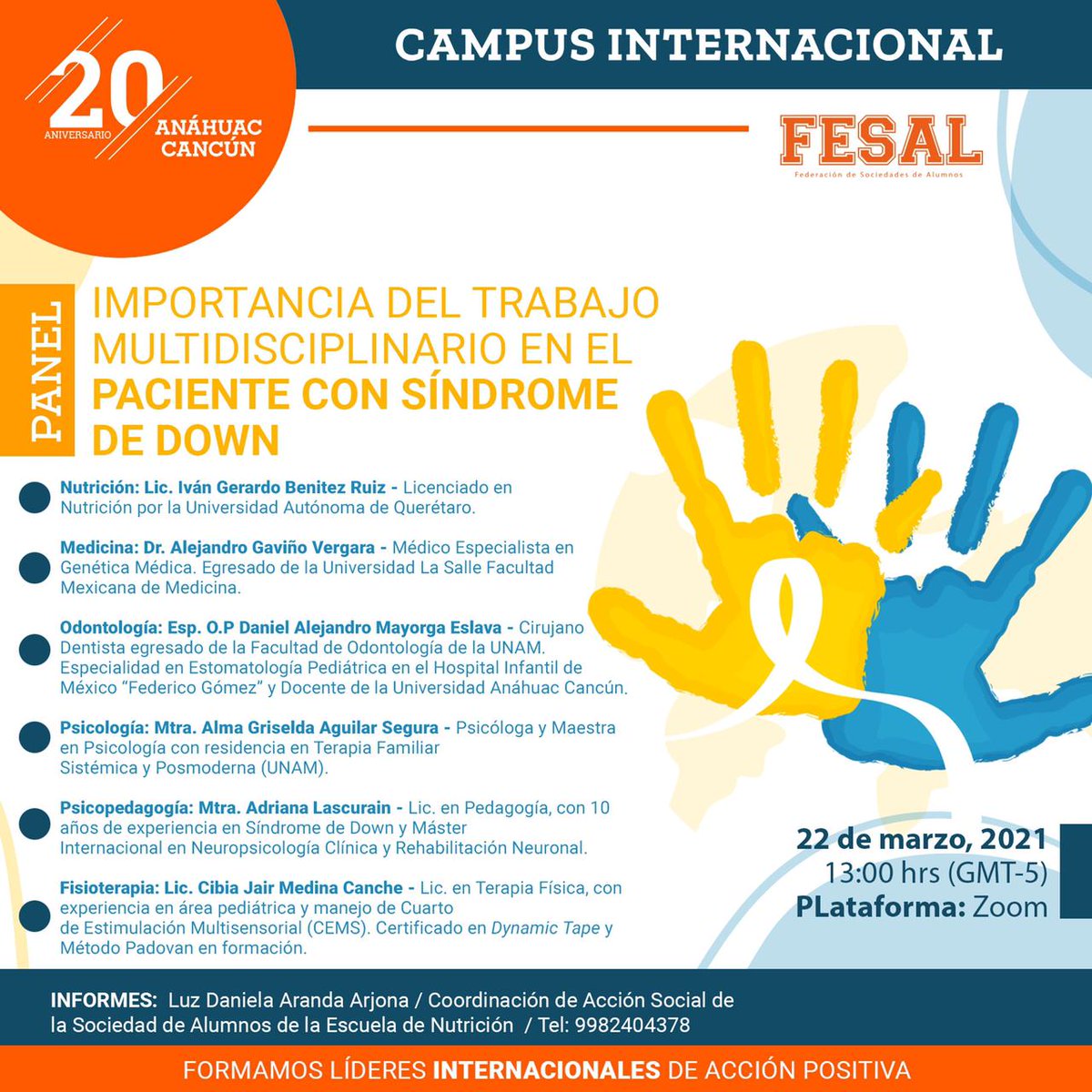 cin_laurel's tweet photo. #FESAL
Sociedad de Alumnos nos invita
Importancia del trabajo multidisciplinario en personas con #SindromeDeDown
HOY: Mar 22, 2021
01:00 PM (hrs. Cancún)
Meeting ID: 914 4324 1353
Passcode: 12345 https://t.co/cz1iNCMvRD