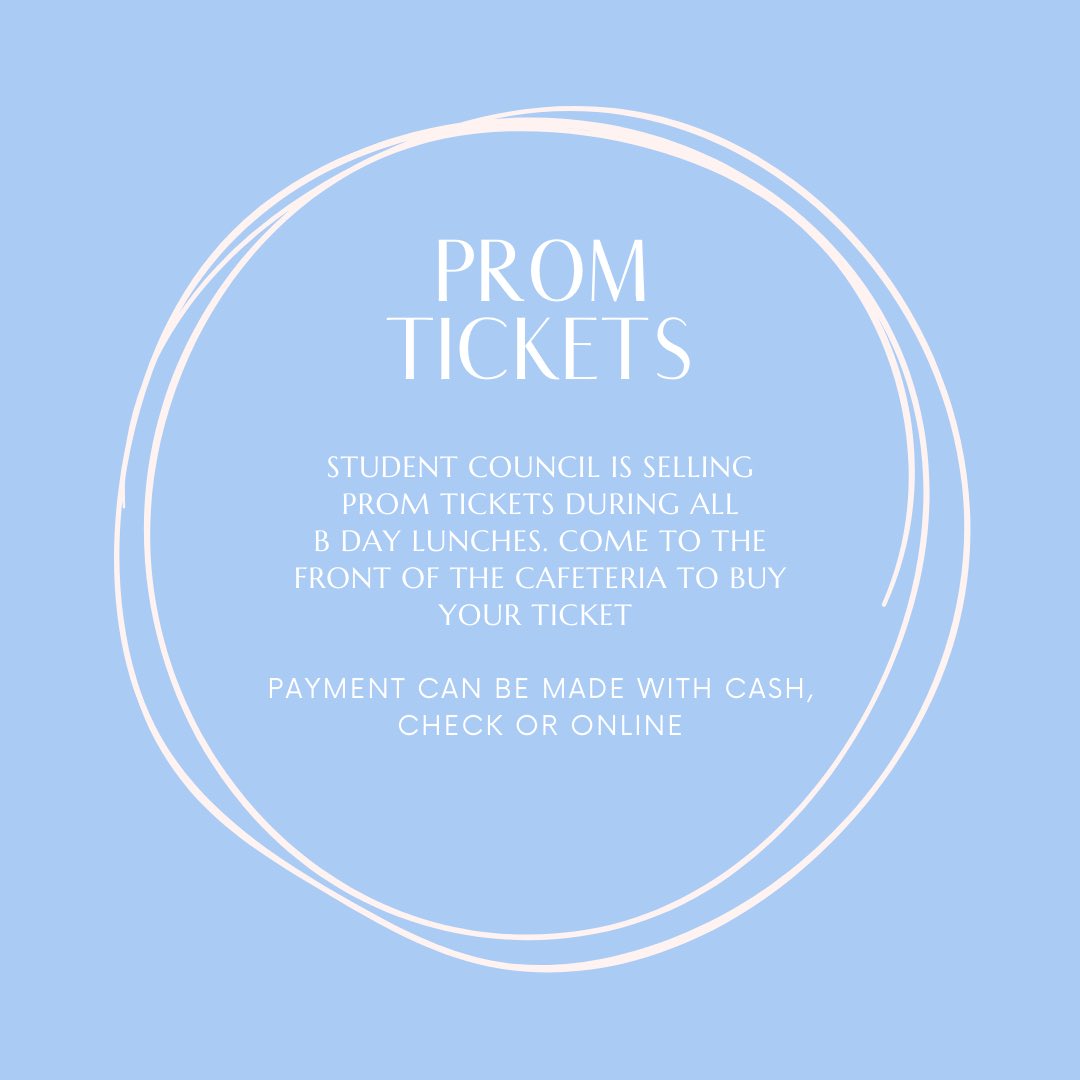 CHSTitansStuCo's tweet photo. Come to the front of the cafeteria during B day lunches to buy your prom ticket💙 https://t.co/yNLdkoXQwf