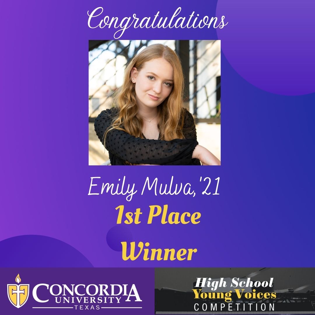 Congratulations to Emily Mulva '21 on her recent first Place win at the Concordia University High School Young Voices Competition! Emily will be attending Northwestern University next year where she will be double majoring in Voice Performance and Engineering. We are so proud!
