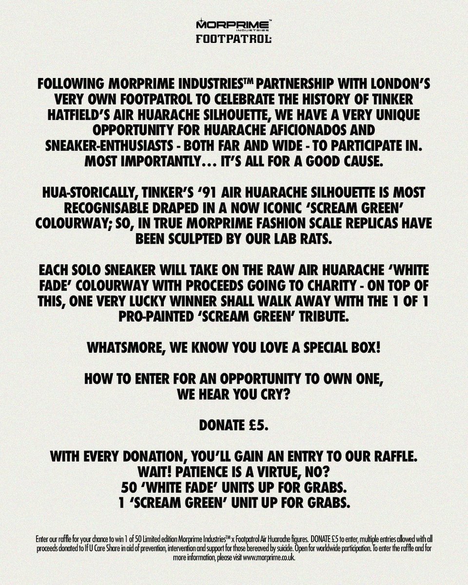 Footpatrol_ldn's tweet photo. We've teamed up with @Morprime to offer you the chance to win a scale replica figurine of the Huarache 'Scream Green' and most importantly, help a good cause! See more: https://t.co/u7yiKmmetS #Nike #NikeAir #NikeHuarache #Morprime #MorprimeIndustries https://t.co/CqJuJGY87F