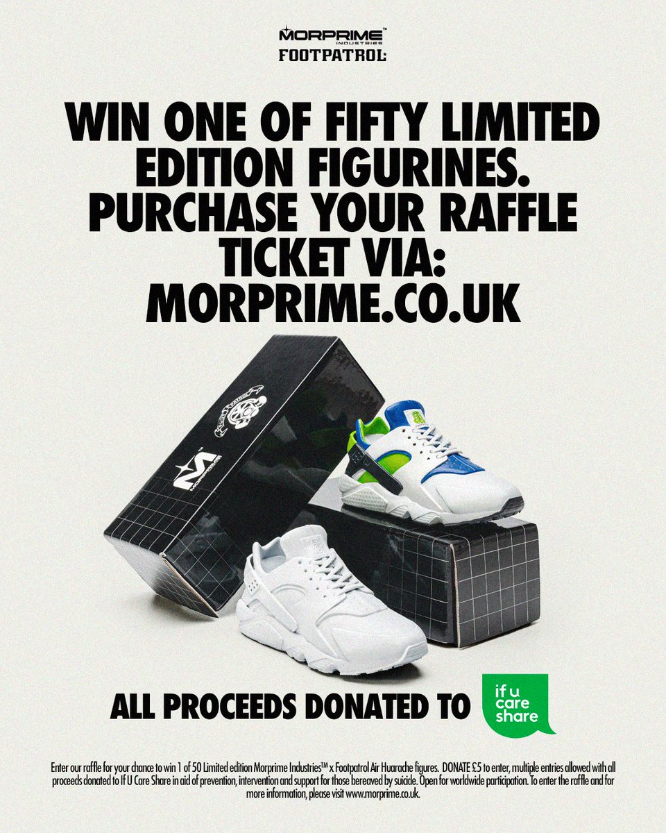 Footpatrol_ldn's tweet photo. We've teamed up with @Morprime to offer you the chance to win a scale replica figurine of the Huarache 'Scream Green' and most importantly, help a good cause! See more: https://t.co/u7yiKmmetS #Nike #NikeAir #NikeHuarache #Morprime #MorprimeIndustries https://t.co/CqJuJGY87F