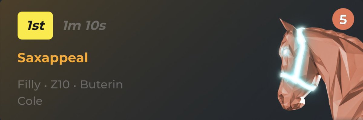 ColeThereum's tweet image. I WON MY FIRST RACE ON @zed_run TODAY! My first horse Saxappeal killed it for me! 🐎✨

#NFT #zedrun #runlikehell 

Peep it: zed.run/race/HrQV8SMI