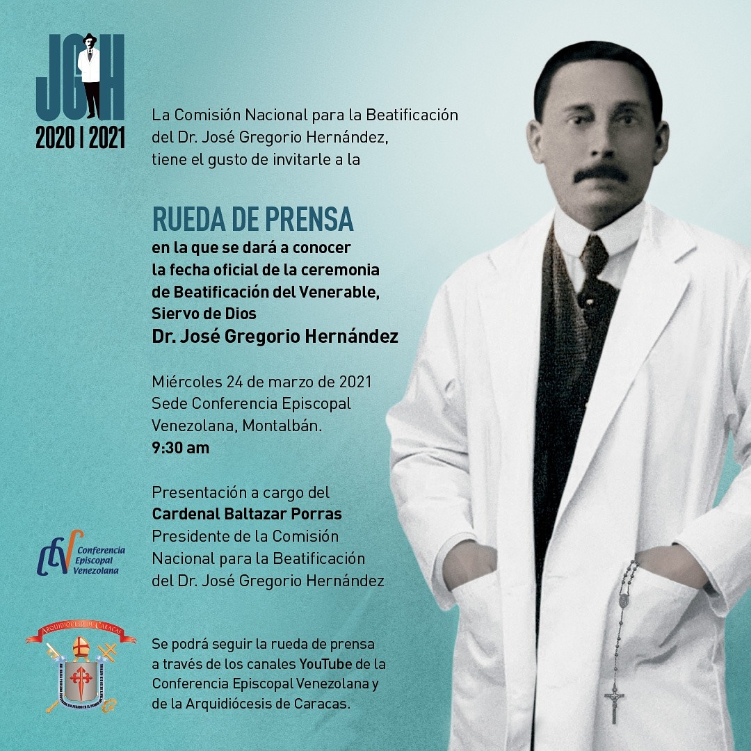 Rueda de prensa para dar conocer detalles de la Beatificación del Venerable Dr #JoseGregorioHernandez será el miércoles a las 9:30 AM, en la sede de la <a href="/CEVmedios/">Conferencia Episcopal Venezolana CEV</a>. Usted podrá vivirla a través de nuestras plataformas digitales.
.
<a href="/honeggermolina/">HONEGGER MOLINA Sacerdote y Periodista</a> <a href="/bepocar/">Cardenal, Baltazar Enrique Porras Cardozo</a> #HazElBien