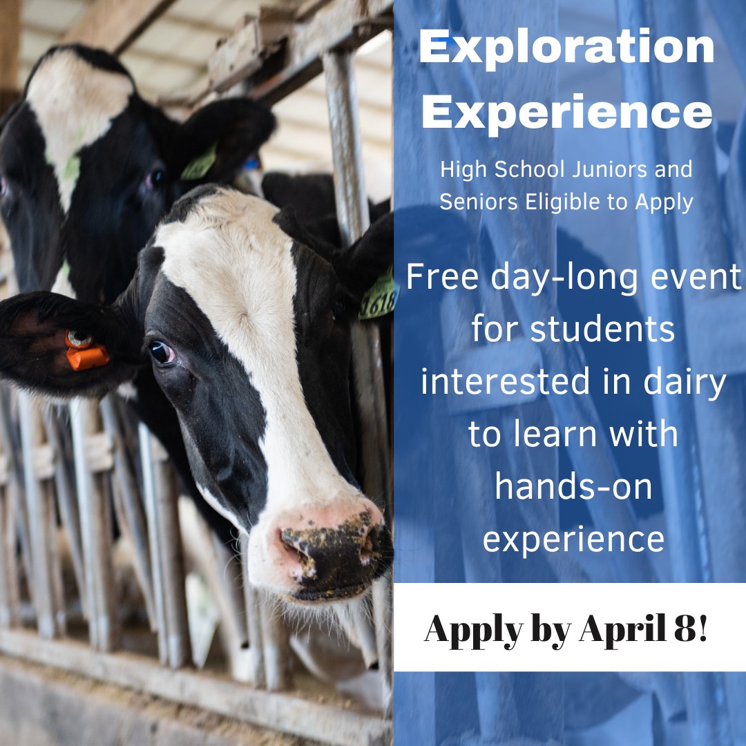 dairyleaders's tweet photo. The deadline to apply to the Dairy Leader’s of Tomorrow Exploration Experience is April 8th! This free day-long opportunity is open to all high school juniors and seniors interested in the dairy industry. To learn more and apply go to https://t.co/bbBEJjWEq0 https://t.co/AwUauVIUbg