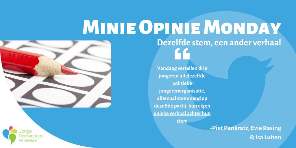 JDAmsterdam's tweet photo. Nu de verkiezingen voorbij zijn, vertellen @Piet98877639, @IsaLuiten en @EvieRasing het verhaal achter hun (hypothetische) stem in de tweede editie van Minie Opinie Monday! Lees het hele artikel hier:
https://t.co/TMgYYT4pYJ

#gestemd #jongeren #D66 https://t.co/Alpm5g9AdZ
