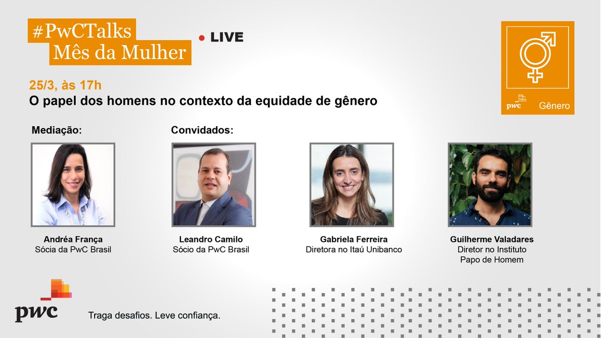 PwCBrasil's tweet photo. A equidade de gênero não é uma questão que envolve apenas mulheres. É uma questão de direitos humanos.
Nesta 5ª, às 17h, realizaremos um #PwCTalks sobre o papel do homem nessa pauta e quais termos e comportamentos devem ser praticados. Ative o lembrete: https://t.co/tSaajqkSat https://t.co/fDpGfQiLJM
