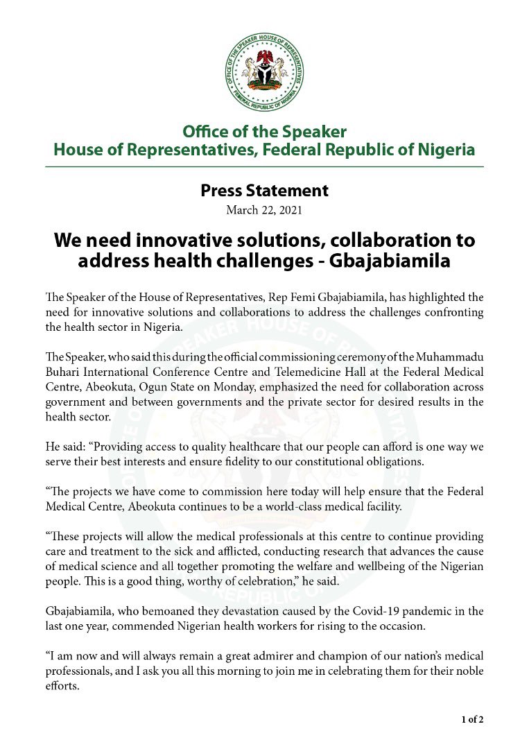 SpeakerGbaja's tweet photo. We need innovative solutions, collaboration to address health challenges - @femigbaja 

The @HouseNGR Speaker, Rep Femi Gbajabiamila, has highlighted the need for innovative solutions and collaborations to address the challenges confronting the health sector in Nigeria. https://t.co/EU2sYAOXMk
