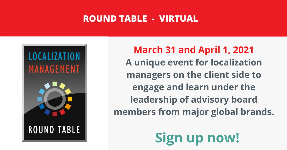 LocInstitute's tweet photo. Dont's moss it: March 31 and April 1, 2021. The #LocalizationManagement  VIRTUAL Round Table CLIENTS only event! 
https://t.co/BVwOC4OS6L https://t.co/ZFem00VlnN