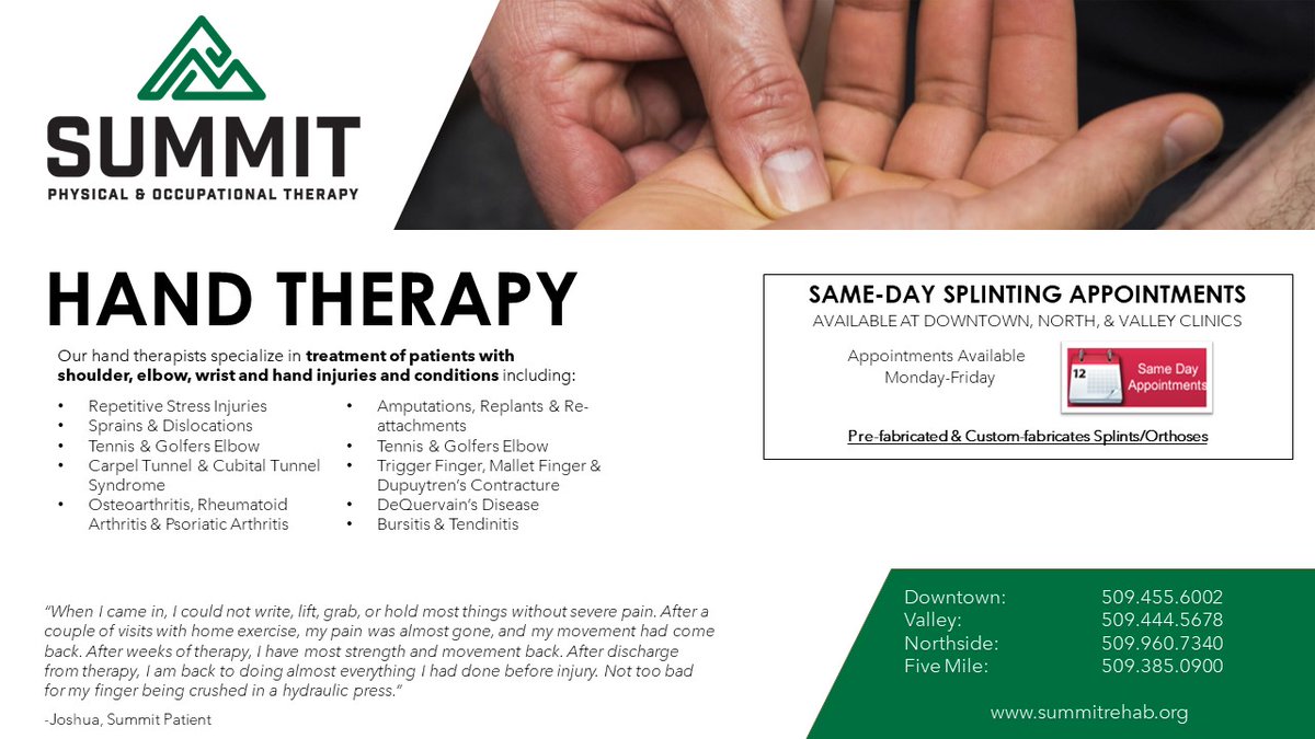 SummitRehab1's tweet photo. Summit's Hand Therapy program is offered at our Downtown, North, and Valley clinics. Our highly trained and experienced hand therapists offer a full range of treatment for  a wide variety of hand injuries and conditions. 
Call today to schedule your appointment! https://t.co/UjzD3pcq8t