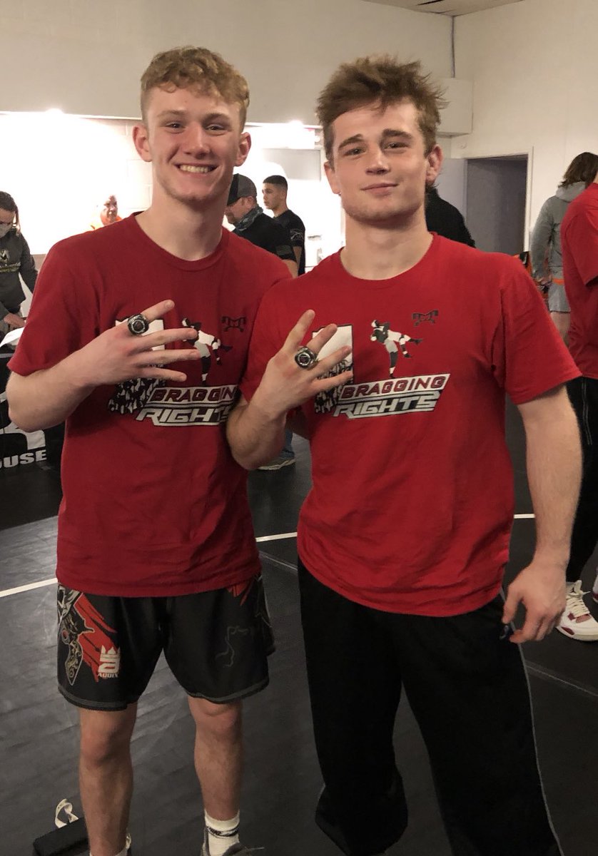 MarianWrestle's tweet photo. Congrats to future Knights Ian Heath and Logan Wagner on their wins at “Bragging Rights”, a dual that put the best high wrestlers in Indiana and Illinois against each other. 
Ian won his match with an 8-4 decision while Logan won his match by fall. https://t.co/ODTwHz8A04