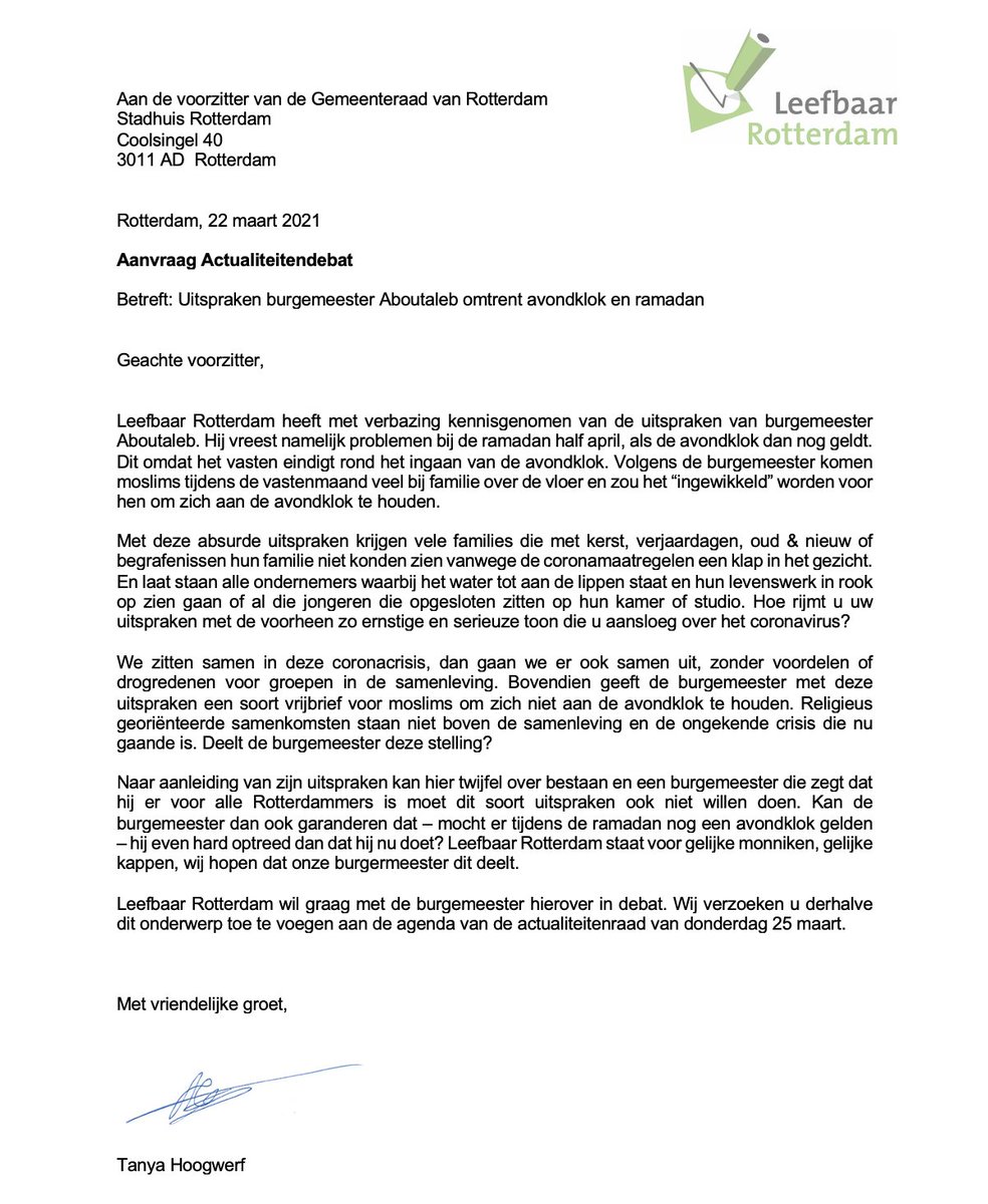 Leefbaar Rotterdam heeft met verbazing kennisgenomen van de uitspraken van burgemeester Aboutaleb. Dit voelt als een klap in het gezicht van al die families, ondernemers en jongeren die al een jaar opgesloten zitten voor de samenleving. <a href="/TanyaHoogwerf/">Tanya Hoogwerf</a> heeft een debat aangevraagd