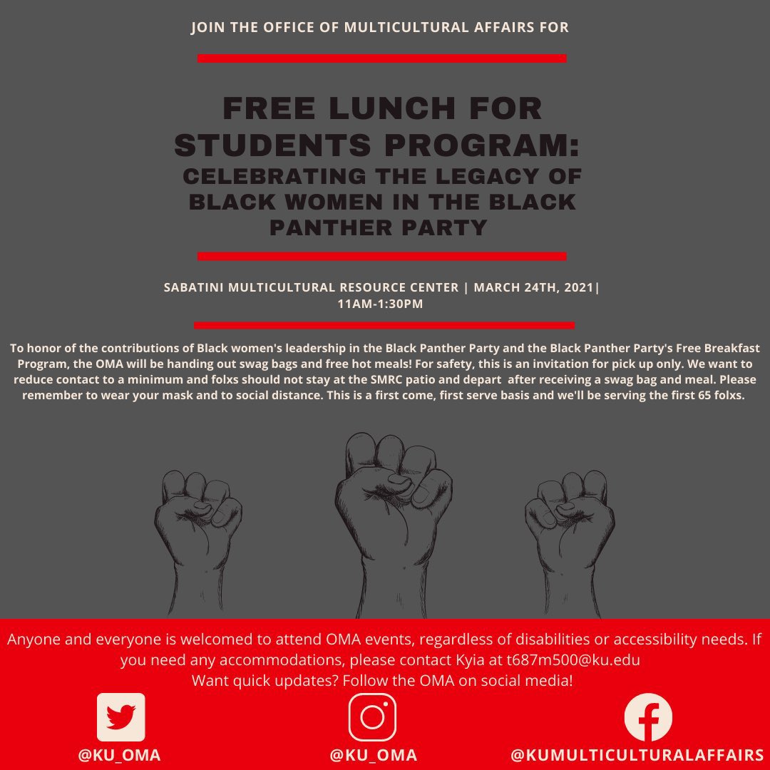 KU_OMA's tweet photo. Join us on Wednesday at 11:00 AM-1:30 PM for our Free Lunch for Students Program to honor the legacy of the Black Panther Party’s Free Breakfast Program. There’ll be free hot to-go meals and swag bags at the SMRC. Please remember to wear your mask and to social distance! https://t.co/2bwEqNMy8G