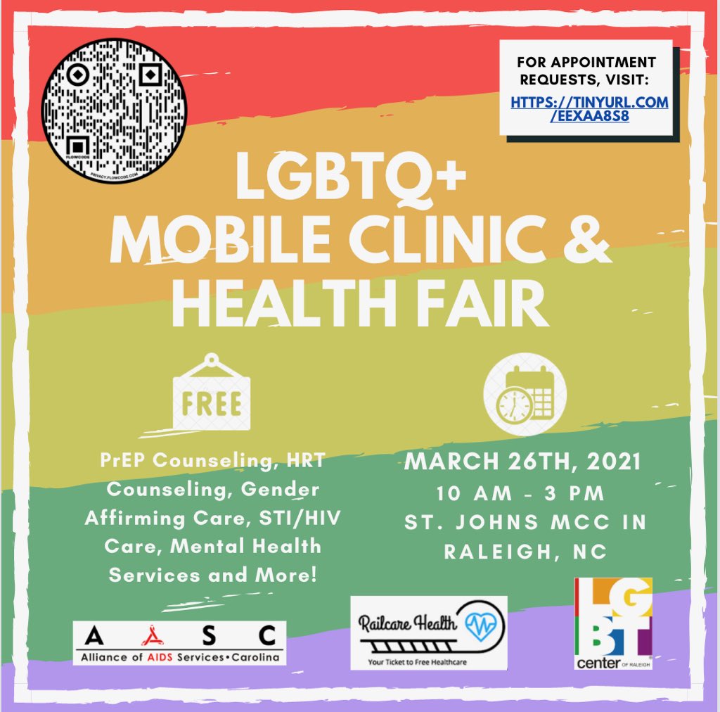 RailcareHealth's tweet photo. Railcare Health and @LGBTCenterRal are holding our LGBTQ+ Mobile Clinic &amp; Health Fair THIS FRIDAY from 10am-3pm in Raleigh! There will be many health services and resources provided. To request an appointment, scan the QR code or click the link https://t.co/HHlnMayfHT 🏳️‍🌈💥 https://t.co/vZPQljbbXo