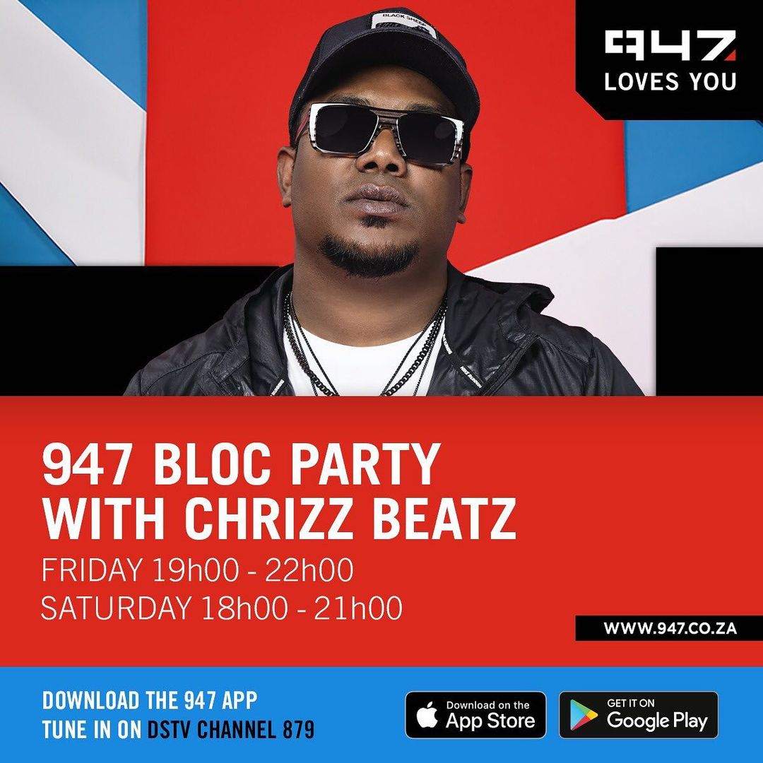 947's tweet photo. 19:00-22:00 Fri: 947 Bloc Party Part 1 with @Chrizz_Beatz 🎙️

Tune in to 94.7FM, download the #947App, stream on https://t.co/eM25HwRttc, or via DStv 879 🔊 

#947Joburg #947Daybreak #AneleAndTheClub #MsiziOn947 #AYANDAMVP #947DriveWithThando #NightsWithZweli https://t.co/deOKckA9U1