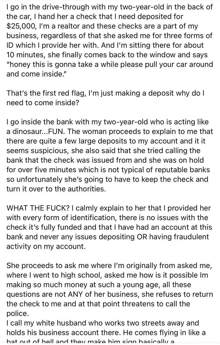 SheACumbination's tweet photo. Hmm @BerkshireBank needs some racial profiling training. Forcing a black woman’s white husband to sign permission slip to deposit HER money into HER bank account seems a bit weird IMO https://t.co/9TsIJdVygL