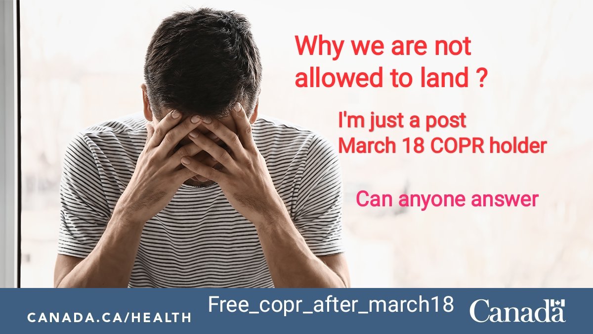 COPRPOSTMARCH18's tweet photo. Holders of immigrant visas issued before March 18 are allowed into Canada but not @COPRPOSTMARCH18 

This is starting to feel like discrimination, not about COVID. Why can't we land? We want exemptions too! @marcomendicino @CPHO_Canada @SalmaZahid15 

#Free_COPR_Post_March18 https://t.co/kFle8WT0vn