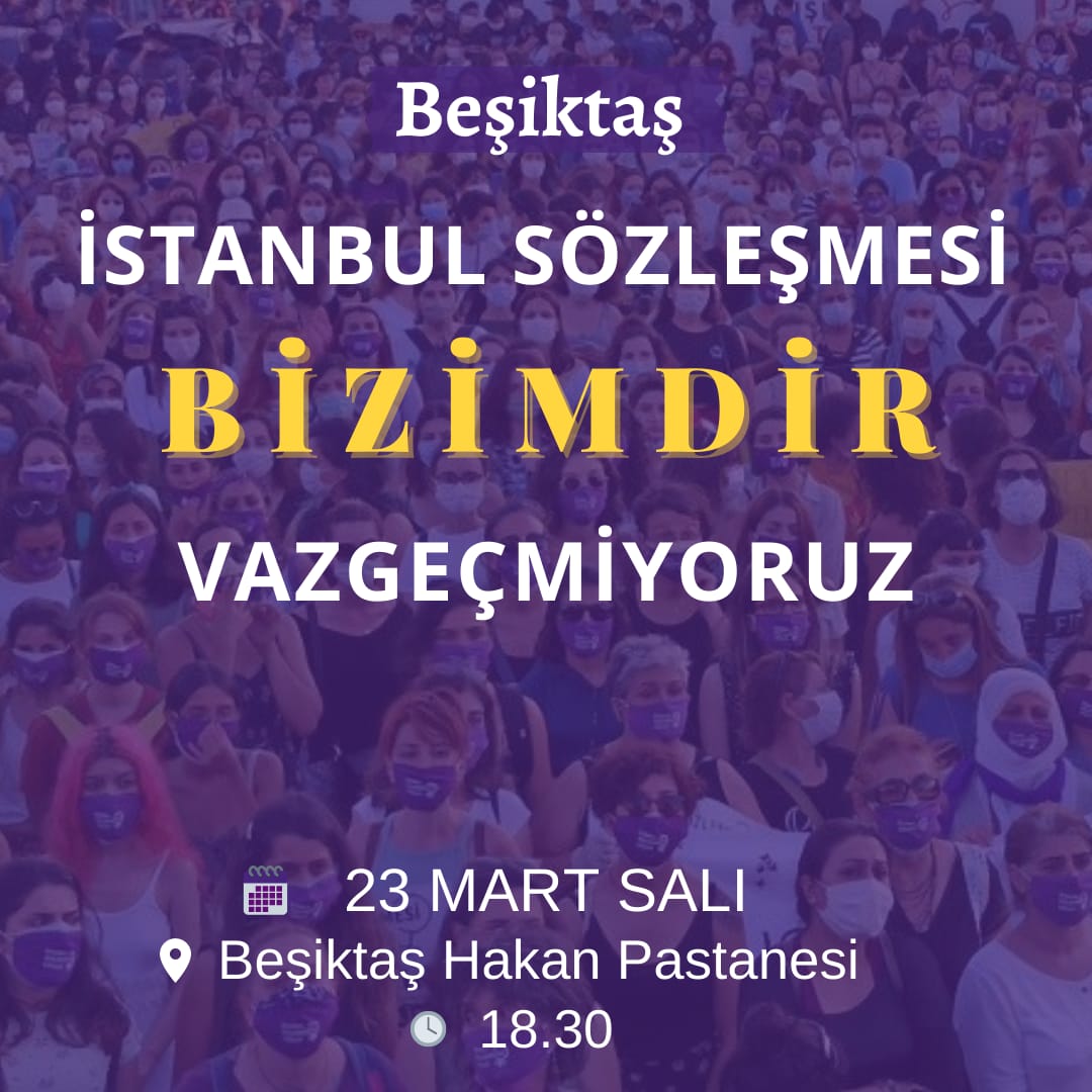 #İstanbulSözleşmesiBizim Vazgeçmiyoruz!
Birbirimizden aldığımız güçle her gün sokaklarda olmaya devam edeceğiz! 
Yarın saat 18:30'da Beşiktaş Dayanışma Ağı kadınları olarak Hakan Pastenesi önünde buluşuyoruz.  
Kararı geri çek sözleşmeyi uygula! Yaşasın Kadın Dayanışması 💜