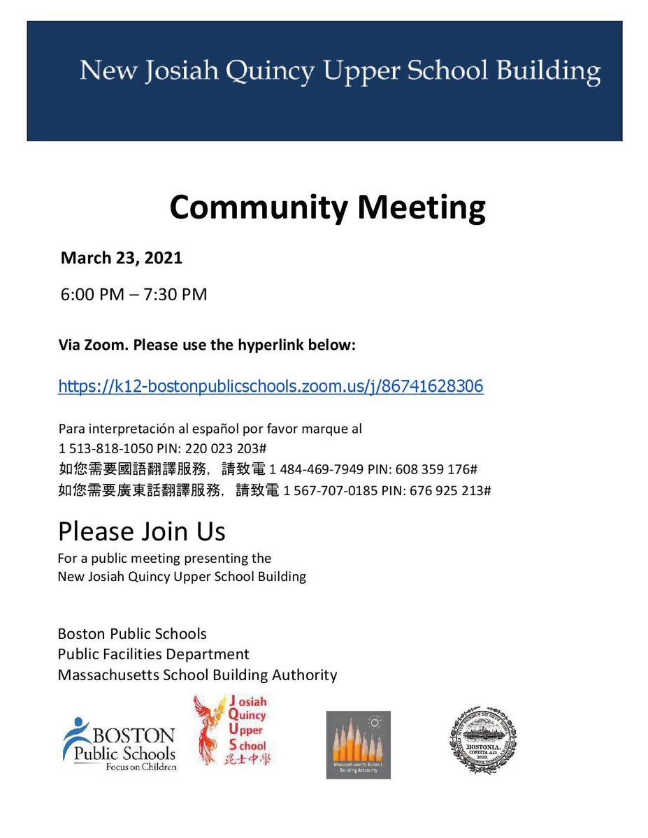 Please note community meeting tomorrow on zoom from 6pm-7:30pm regarding updates for #Chinatown neighbors, JQUS families &amp; staff on construction of New Josiah Quincy Upper School building. Thank you <a href="/Mass_SBA/">MSBA</a>, <a href="/BostonSchools/">BostonPublicSchools</a>, @BCassellius, Public Facilities Dept. #bospoli