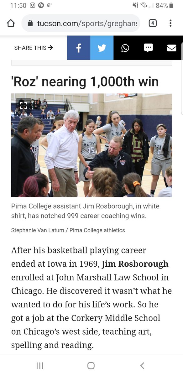 Check out <a href="/ghansen711/">Greg Hansen</a> Sunday Notebook. He highlights that <a href="/PimaWBB/">Pima Women’s Basketball</a> Assistant Coach Jim Rosborough has 999 wins in his entire coaching career after his sons did some research. Aztecs play at Eastern Arizona College on Saturday. #PimaBasketball
tucson.com/sports/greghan…