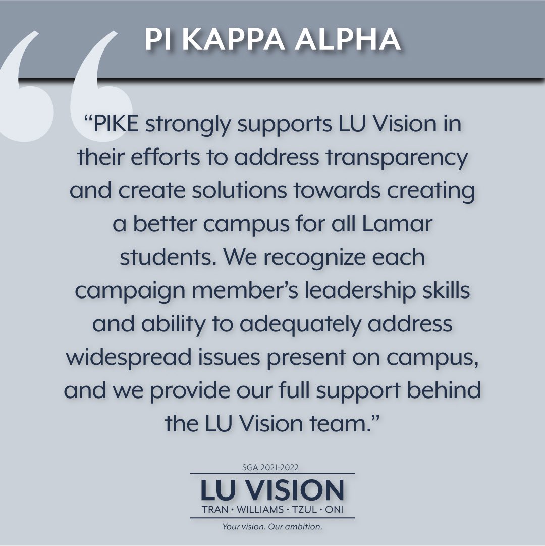 luvision2021's tweet photo. We’re honored to have Pike endorsing LU Vision! Thank you gentlemen for entrusting with your vision of what you want Lamar to be!
☆
#luvision2021
Your vision. Our ambition. https://t.co/tuCxS6Ilmy