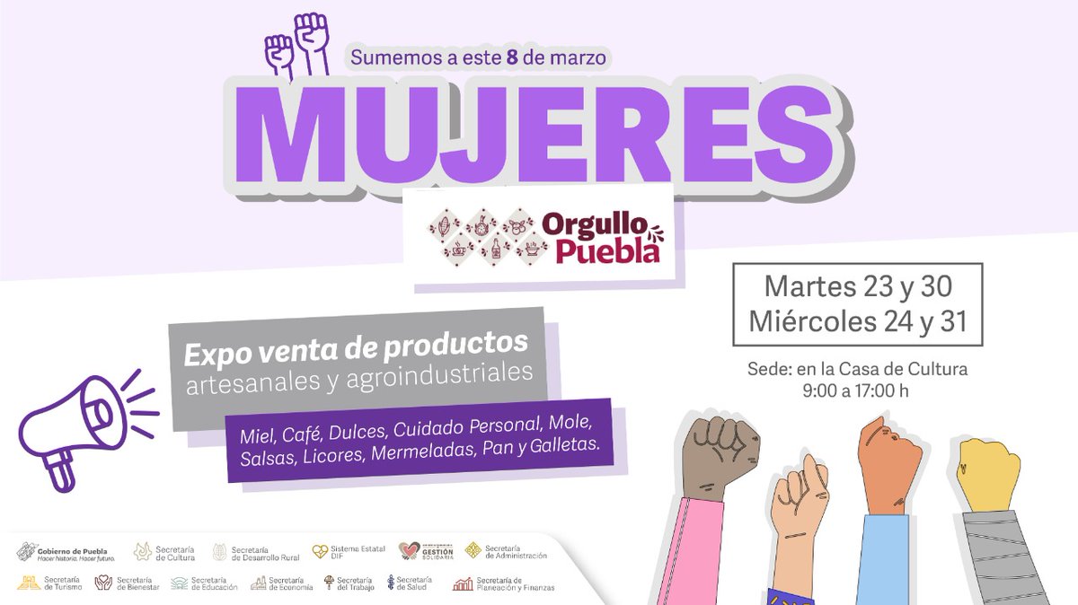 Productoras poblanas te esperan en la Expo venta #OrgulloPuebla. Adquiere productos artesanales y agroindustriales elaborados con insumos de la más alta calidad: 🍯 miel, ☕ café, 🥯 pan y mucho más.

🗓 Todos los martes y miércoles de marzo.
📌 <a href="/CasaCultura_Pue/">Casa de la Cultura Puebla</a>. 
⏰ 9 a 17 h
