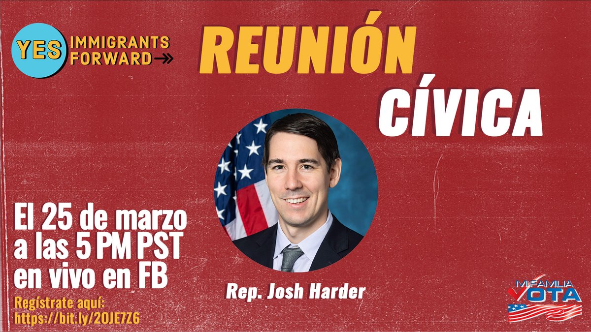 MiFamiliaVota's tweet photo. MFV California & CHIRLA welcome you to #YesImmigrantsForward town hall featuring Rep. Josh Harder. We will discuss in depth bill analysis and our representative will answer questions in regards to #immigration. #CD10
RSVP here: https://t.co/alRKr6PK1G https://t.co/t4Fppsgaxg