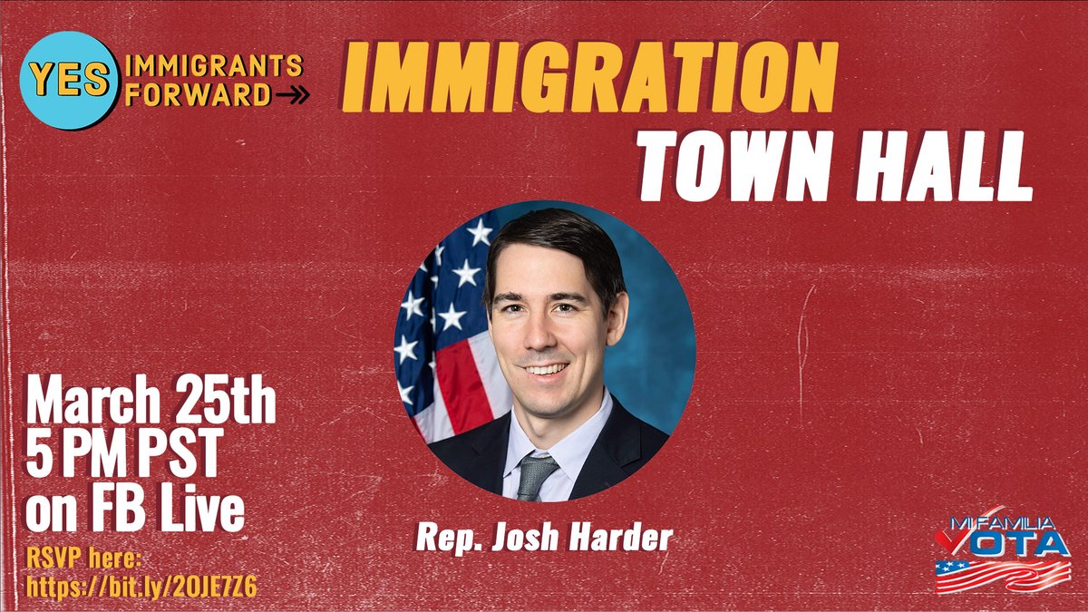 MiFamiliaVota's tweet photo. MFV California & CHIRLA welcome you to #YesImmigrantsForward town hall featuring Rep. Josh Harder. We will discuss in depth bill analysis and our representative will answer questions in regards to #immigration. #CD10
RSVP here: https://t.co/alRKr6PK1G https://t.co/t4Fppsgaxg